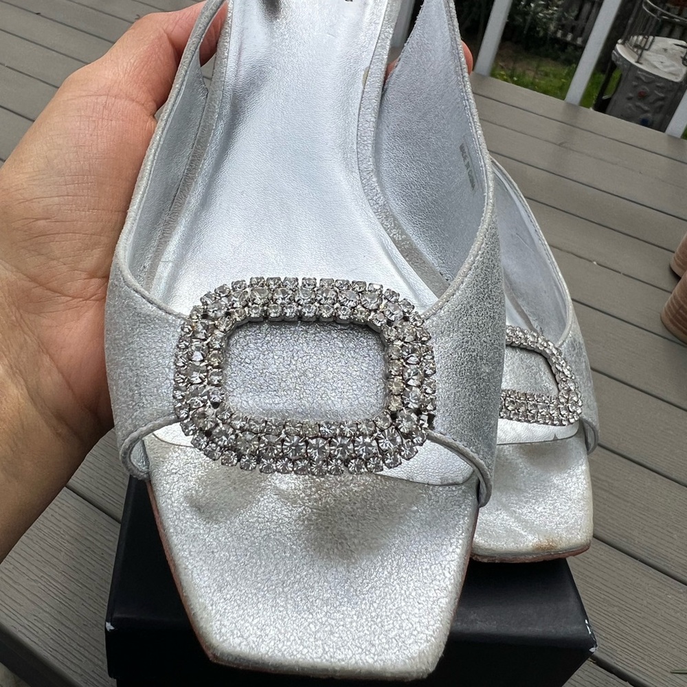 Pelle Moda Silver Rhinestone Buckle Slingback Mules - Picture 3 of 6